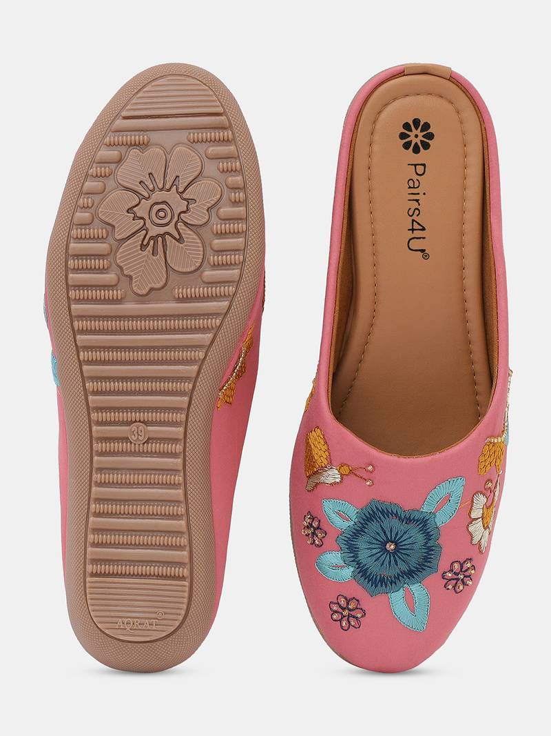 Pairs4u women's peach embroidered mojari jutti - traditional ethnic canvas flats with comfortable pvc sole for women