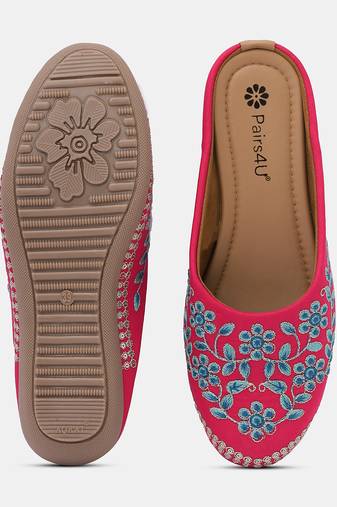 Pairs4u women's pink embroidered canvas punjabi jutti - ethnic slip-on flats with comfortable pvc sole