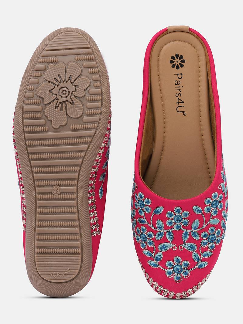 Pairs4u women's pink embroidered canvas punjabi jutti - ethnic slip-on flats with comfortable pvc sole