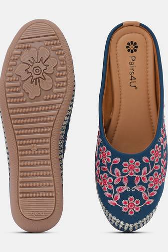 Pairs4u women's ethnic jutti in rama - embroidered canvas slip-on flats with stylised toe & comfortable pvc sole
