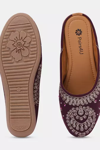 Pairs4u women's wine embroidered canvas jutti ethnic slip-on flats with stylised toe for universal occasions
