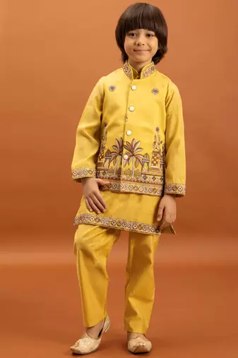 Yellow viscose silk multi thread with sequence embroidered work kurta-jacket & pajama for kids