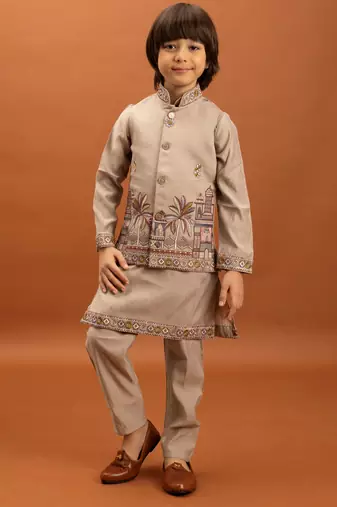 Beige viscose silk multi thread with sequence embroidered work kurta-jacket & pajama for kids