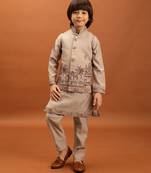 Beige viscose silk multi thread with sequence embroidered work kurta-jacket & pajama for kids