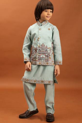 Sky blue viscose silk multi thread with sequence embroidered work kurta-jacket & pajama for kids