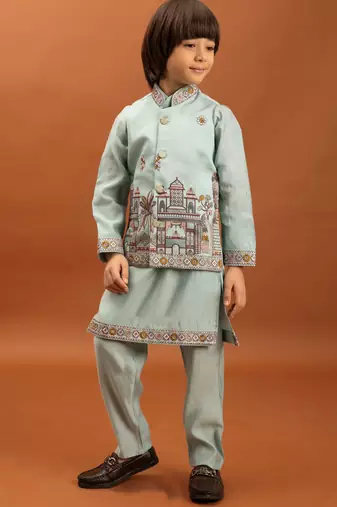 Sky blue viscose silk multi thread with sequence embroidered work kurta-jacket & pajama for kids