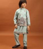 Sky blue viscose silk multi thread with sequence embroidered work kurta-jacket & pajama for kids