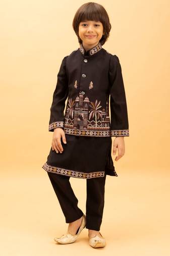 Black viscose silk multi thread with sequence embroidered work kurta-jacket & pajama for kids