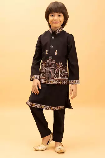 Black viscose silk multi thread with sequence embroidered work kurta-jacket & pajama for kids
