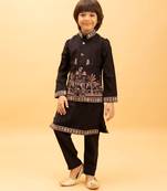 Black viscose silk multi thread with sequence embroidered work kurta-jacket & pajama for kids
