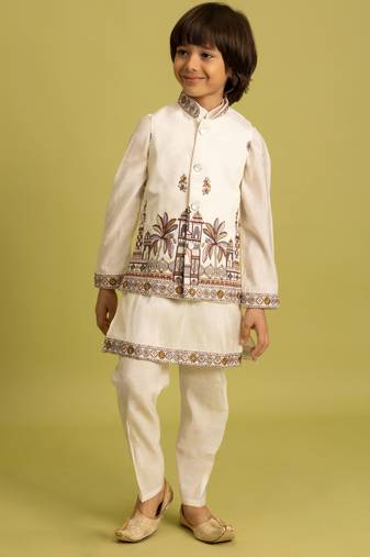 White viscose silk multi thread with sequence embroidered work kurta-jacket & pajama for kids