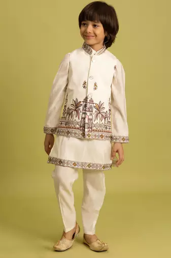 White viscose silk multi thread with sequence embroidered work kurta-jacket & pajama for kids