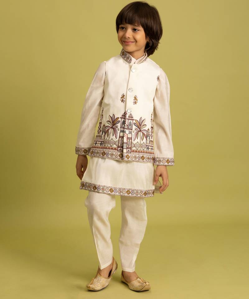White viscose silk multi thread with sequence embroidered work kurta-jacket & pajama for kids