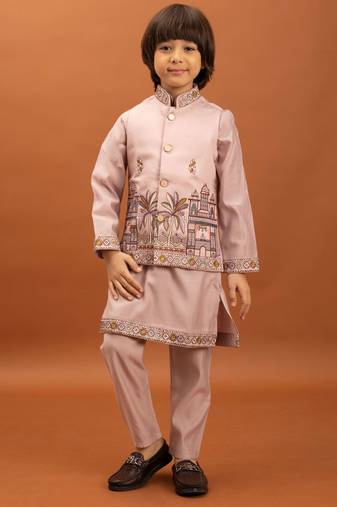 Pink viscose silk multi thread with sequence embroidered work kurta-jacket & pajama for kids