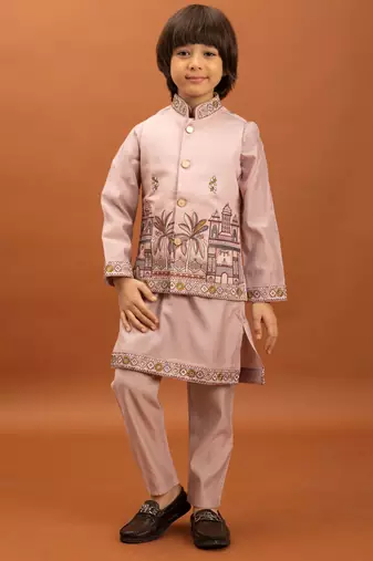 Pink viscose silk multi thread with sequence embroidered work kurta-jacket & pajama for kids