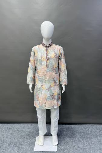 Pure rayon classic lucknowi pattern with unique digital printed kurta pajama for kid's