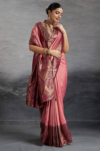 Rose pink soft kanjiwaram silk kadiyal style ceremony saree