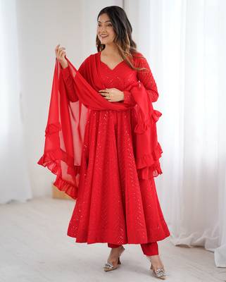 Designer Red Embroidered Anarkali Dress With Ruffle Dupatta Ethnic Wear  2