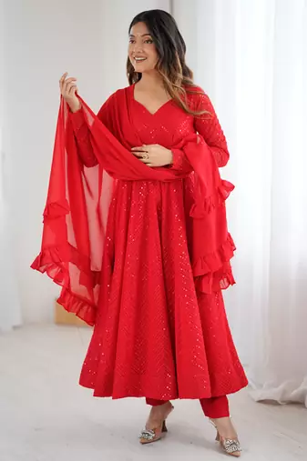 Designer Red Embroidered Anarkali Dress With Ruffle Dupatta Ethnic Wear 