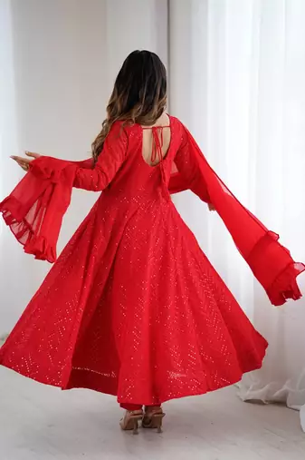 Designer Red Embroidered Anarkali Dress With Ruffle Dupatta Ethnic Wear 