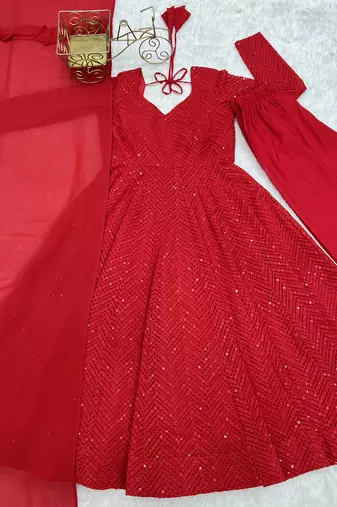 Designer Red Embroidered Anarkali Dress With Ruffle Dupatta Ethnic Wear 