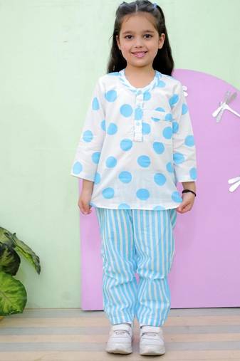 Blue cotton printed night suit for girls