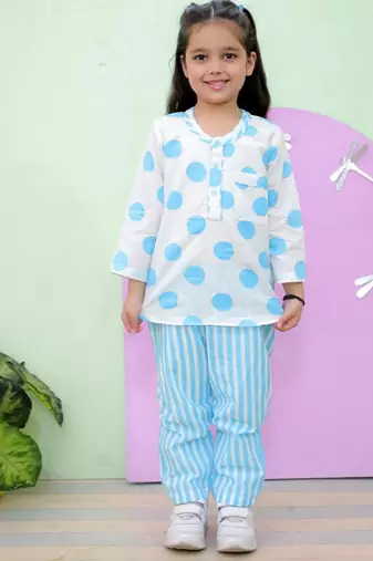 Blue cotton printed night suit for girls