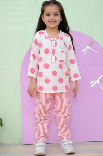 Pink cotton polka dot night suit for girls