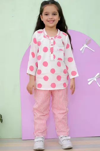 Pink cotton polka dot night suit for girls