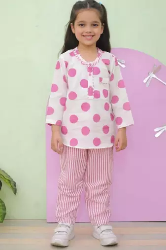 Pink cotton polka dot night suit for girls