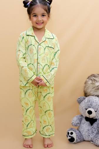 Yellow cotton printed night suit for girls