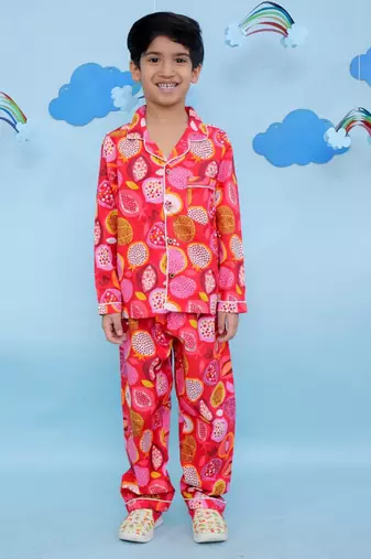 Red cotton printed night suit for boys