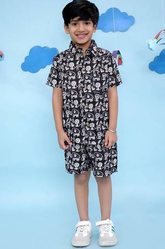 Black cotton printed coordset for boys