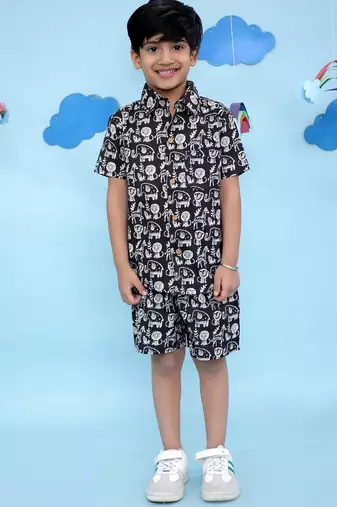 Black cotton printed coordset for boys