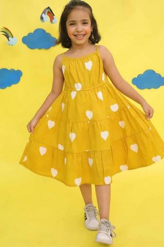 Yellow cotton printed frocks for girls