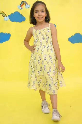 Yellow cotton printed frocks for girls