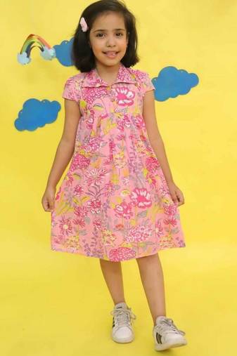 Pink cotton printed frocks for girls