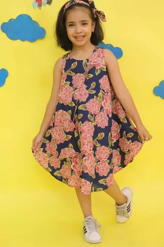 Blue cotton printed frocks for girls