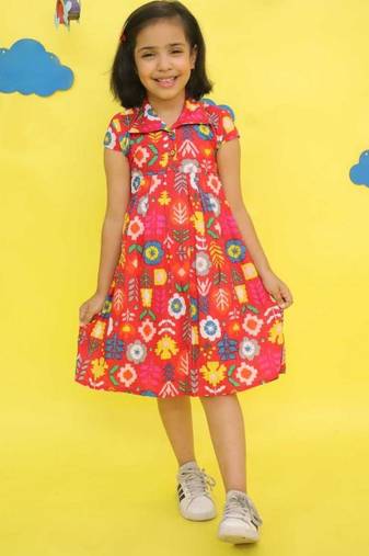 Red cotton printed frocks for girls