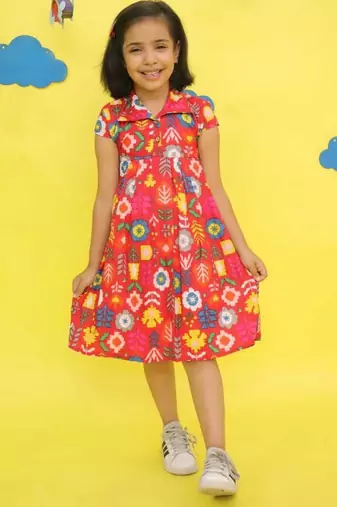 Red cotton printed frocks for girls