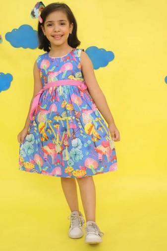 Blue cotton printed frocks for girls