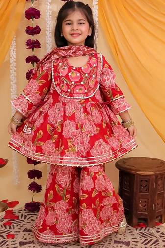 Red cotton printed kurta sharara for girls