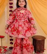 Red cotton printed kurta sharara for girls
