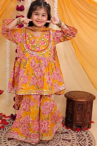 Yellow cotton printed kurta sharara for girls