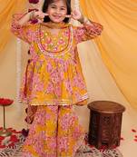 Yellow cotton printed kurta sharara for girls