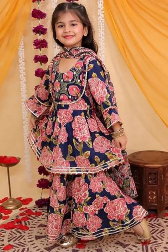 Blue cotton printed kurta sharara for girls