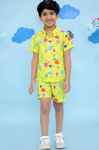 Yellow cotton printed coordset for boys