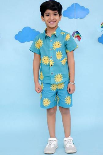 Blue cotton printed coordset for boys