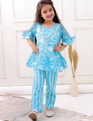 Blue cotton printed festive wear-kurta pajama for girls 1
