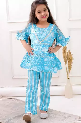 Blue cotton printed festive wear-kurta pajama for girls